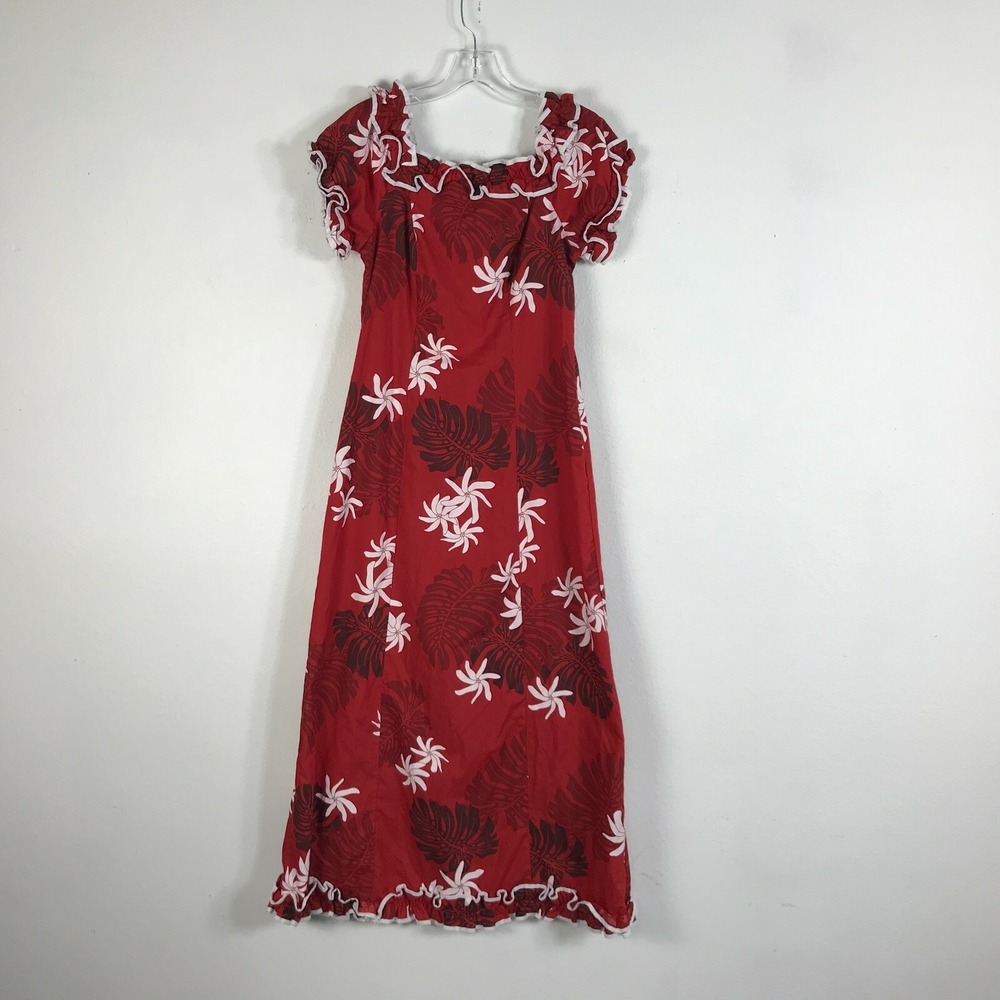 Vintage 80s Hawaiian Dress Size S Red Floral Ruffles Midi Polyester Blend Womens